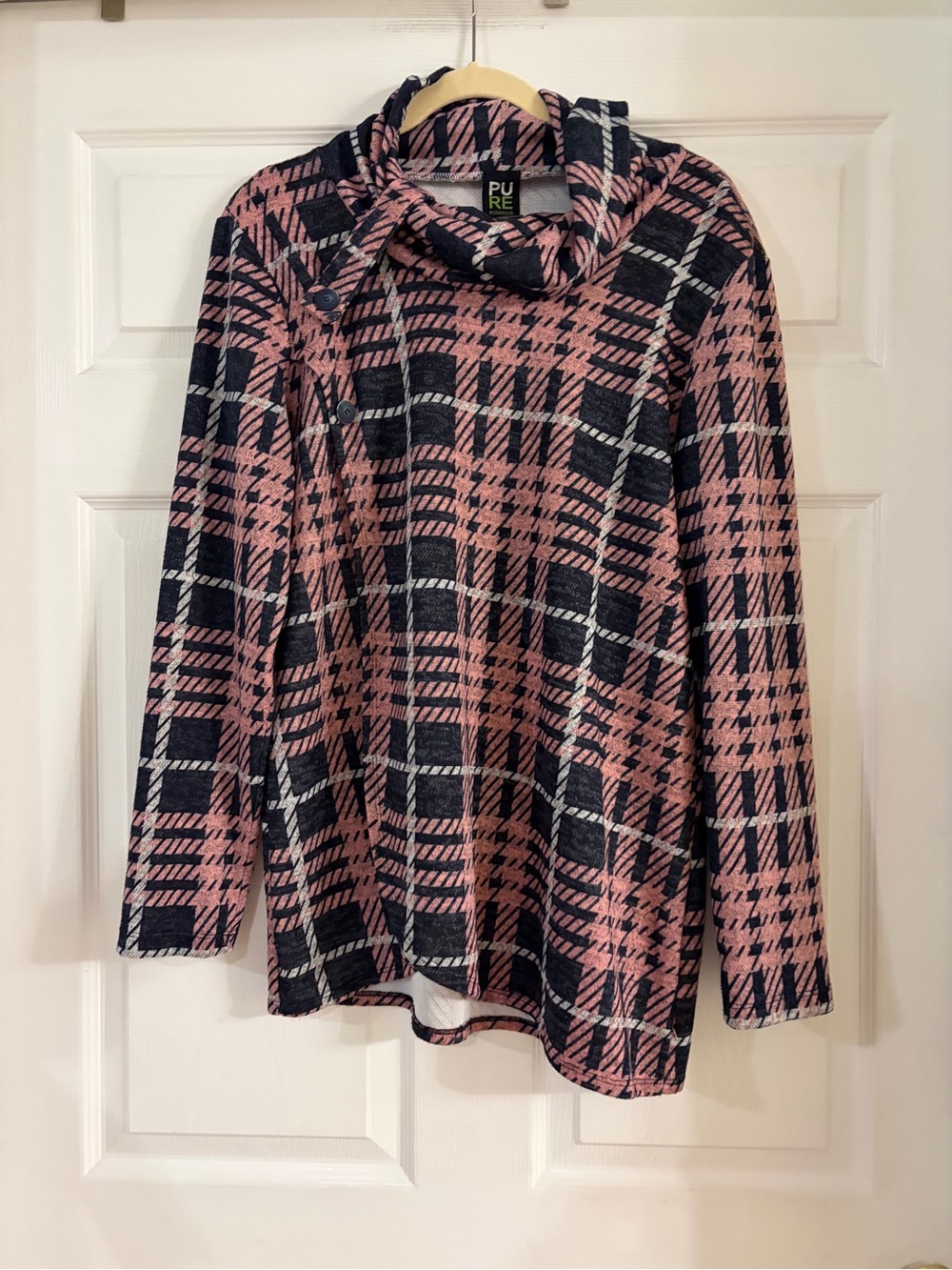 Pure Essence Plaid Cowl Neck Long Sleeve Knit Pullover Top Women’s L Pink/Blk